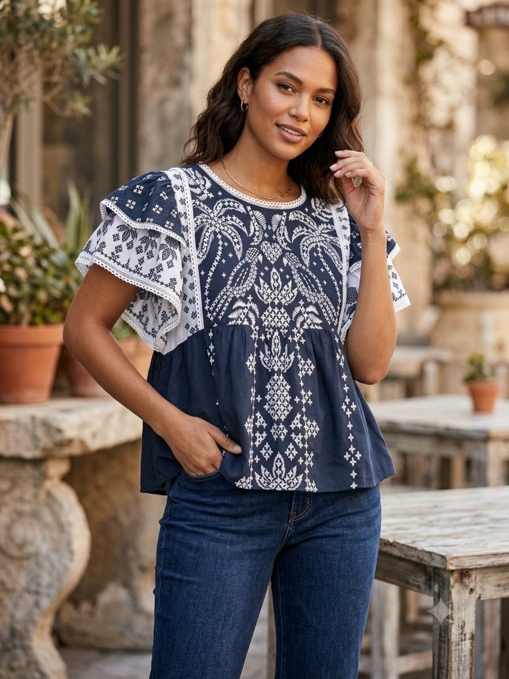 FARM Rio Navy and White Embroidered Flutter Sleeve Top